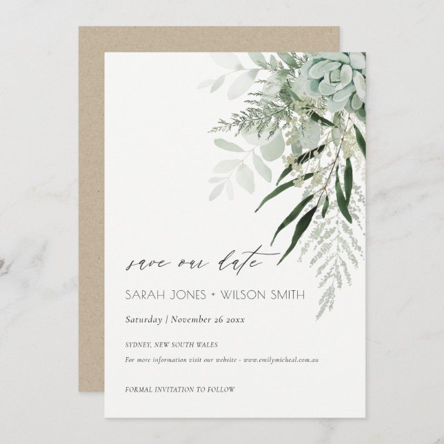 Dusky Leafy Fern Succulent Save the Date Card (Front/Back)