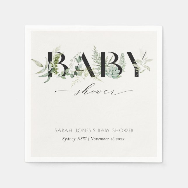 Dusky Leafy Fern Succulent Script Baby Shower Napkins (Front)