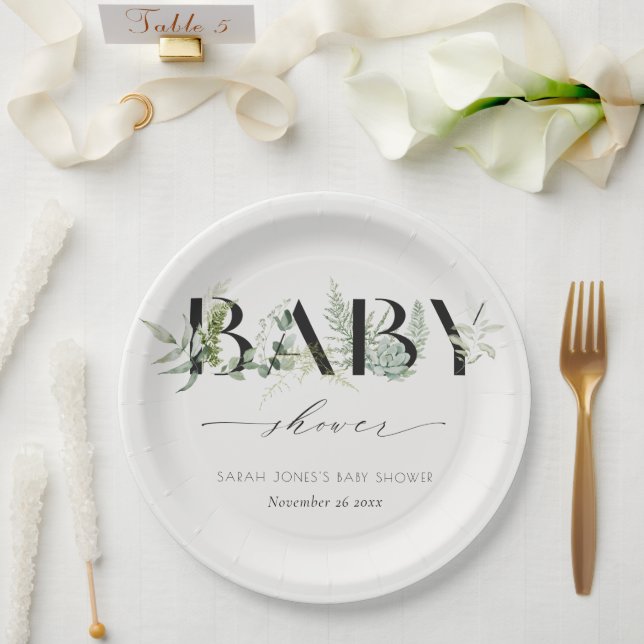 Dusky Leafy Fern Succulent Script Baby Shower Paper Plates (Wedding)