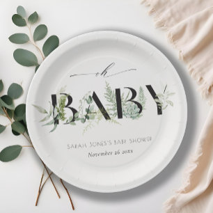 Dusky Leafy Fern Succulent Script Oh Baby Shower Paper Plates