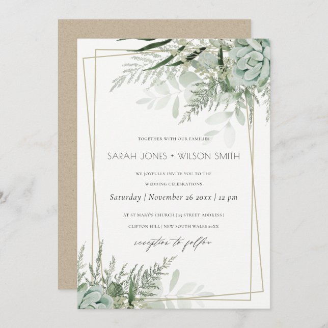 Dusky Leafy Fern Succulent Wedding Frame Invite (Front/Back)