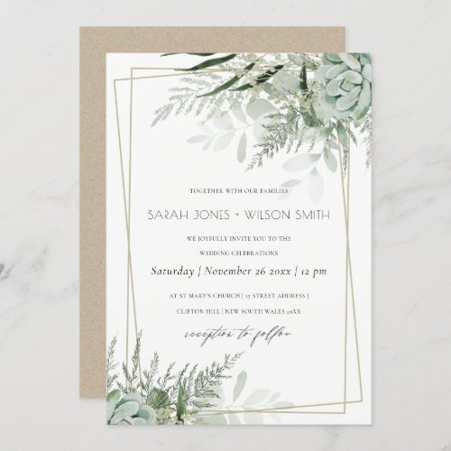 Dusky Leafy Fern Succulent Wedding Frame Invite