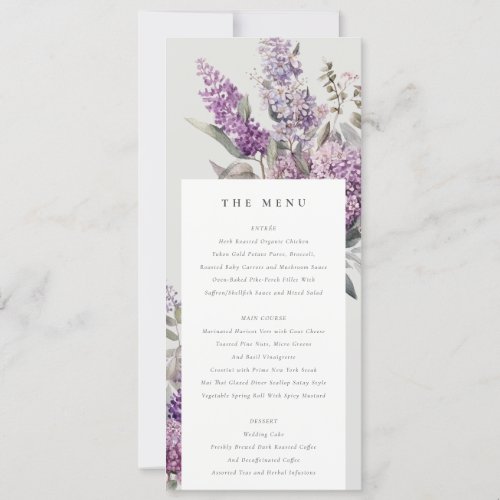 Dusky Lilac Green Cottage Floral Wedding Menu Card