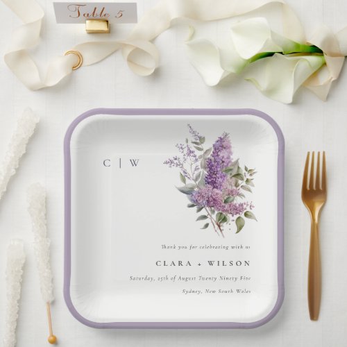 Dusky Lilac Watercolor Cottage Floral Wedding Paper Plates