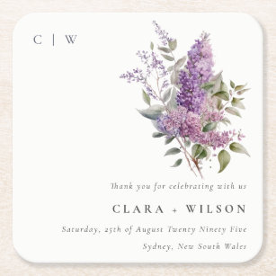 Dusky Lilac Watercolor Cottage Floral Wedding Square Paper Coaster