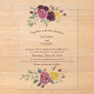Dusky Pastel Watercolor Roses Maroon Acrylic Invitations