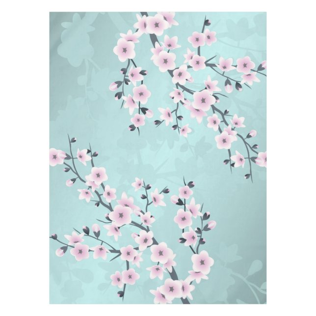 Dusky Pink Aquamarine Cherry Blossoms Tablecloth (Front)