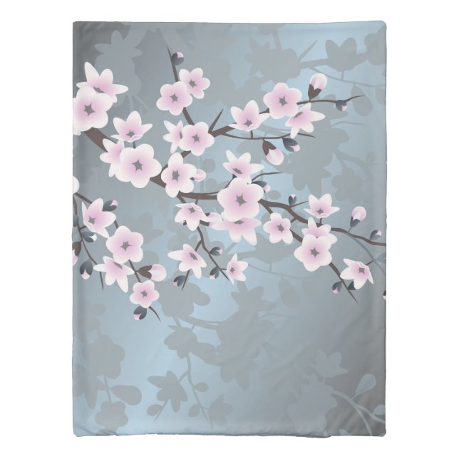 Dusky Pink Blue Cherry Blossoms Floral Duvet Cover (Back)