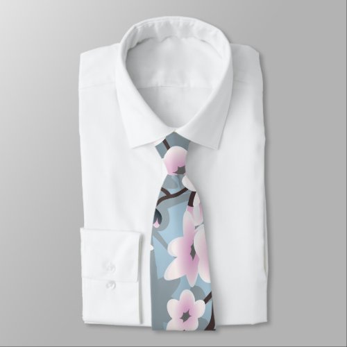 Dusky Pink Blue Shimmering Cherry Blossoms Tie