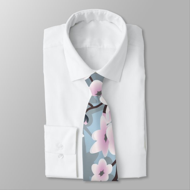 Dusky Pink Blue Shimmering Cherry Blossoms Tie (Tied)
