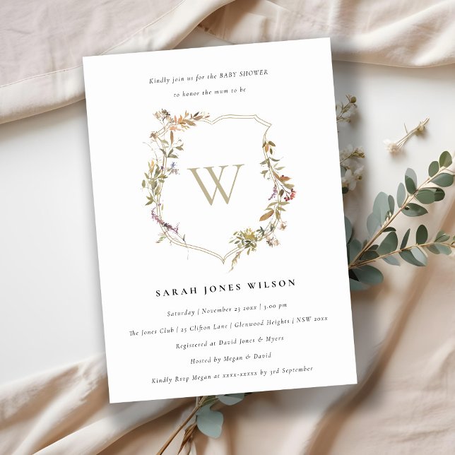 Dusky Pink Blush Wildflower Crest Baby Shower Invitation (Creator Uploaded)