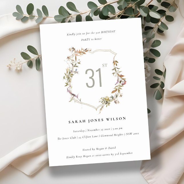 Dusky Pink Blush Wildflower Crest Birthday Invitation (Creator Uploaded)