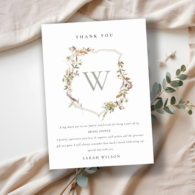 Dusky Pink Blush Wildflower Crest Bridal Shower Thank You Card (Creator Uploaded)