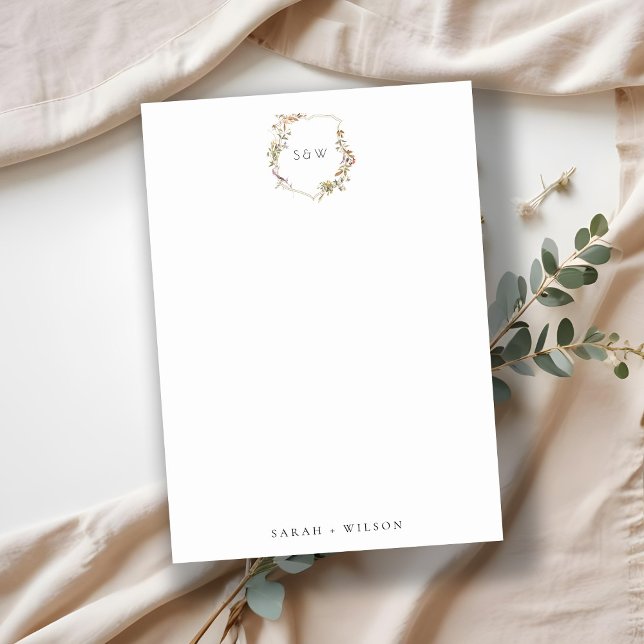 Dusky Pink Blush Wildflower Crest Initial Monogram Note Card (Creator Uploaded)