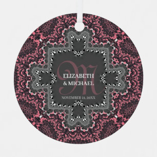 Dusky Pink Charcoal Vintage Romance Damask Lace Metal Ornament