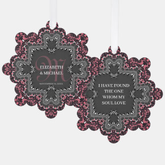 Dusky Pink Charcoal Vintage Romance Damask Lace Ornament Card