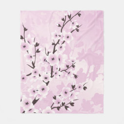 Dusky Pink Cherry Blossom Asia Floral Fleece Blanket 