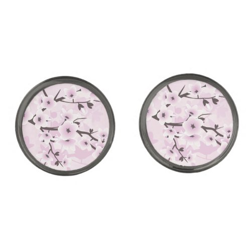 Dusky Pink Cherry Blossom Floral Gunmetal Finish Cufflinks