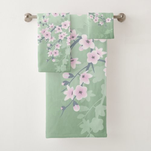 Dusky Pink Cherry Blossom Green Background Floral Bath Towel Set