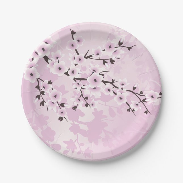 Dusky Pink Cherry Blossoms Asia Floral Paper Plates (Front)