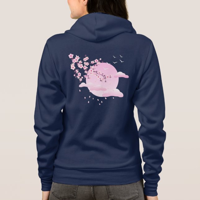 Dusky Pink Cherry Blossoms White Moon Hoodie (Back)