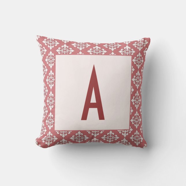 Dusky Pink Damask Border Monogram Pillow (Front)