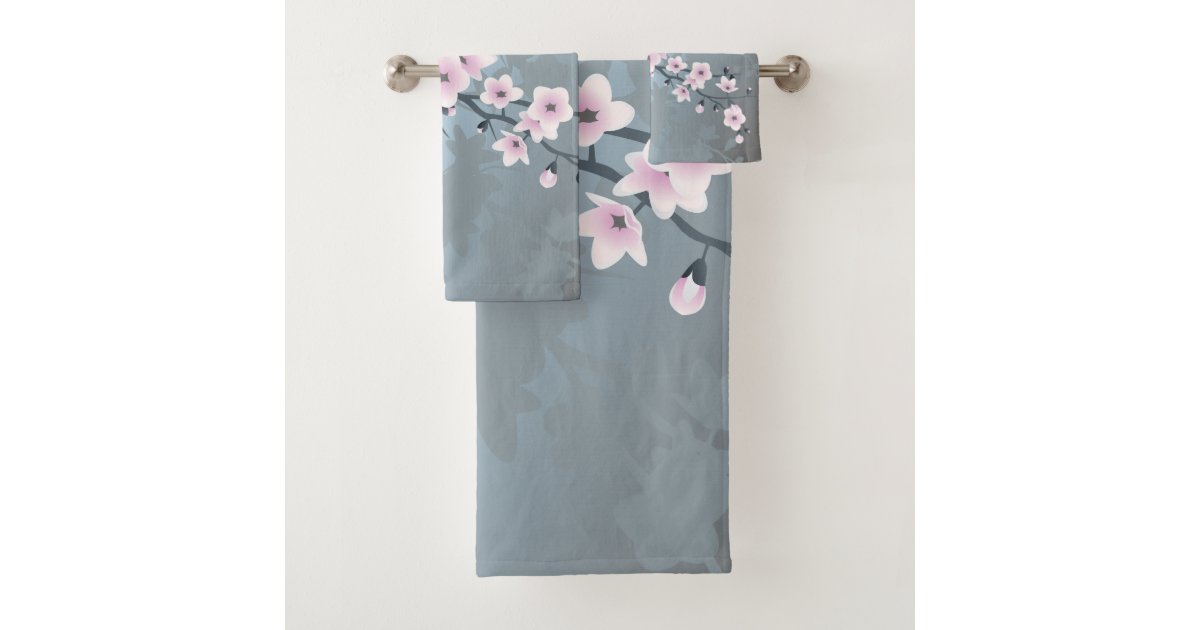 Dusky Pink Dusty Blue Cherry Blossom Floral Bath Towel Set Zazzle