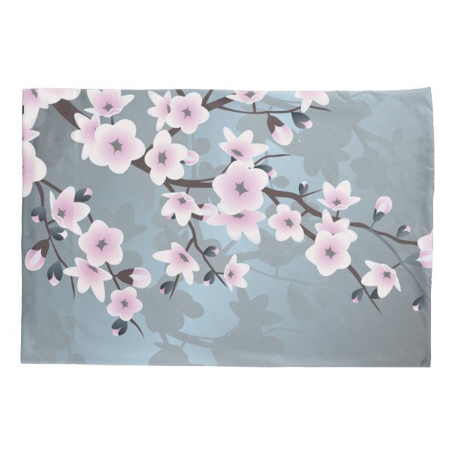Dusky Pink Dusty Blue Cherry Blossoms Floral Pillow Case (Back)