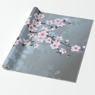 Dusky Pink Dusty Blue Cherry Blossoms Floral Wrapping Paper