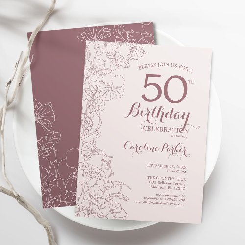 Dusky Pink Floral 50th Birthday Party Invitation