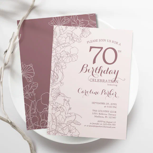 Dusky Pink Floral 70th Birthday Party Invitation Zazzle