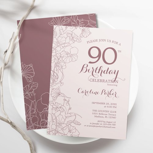 Dusky Pink Floral 90th Birthday Party Invitation