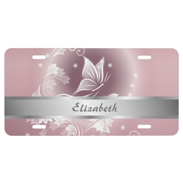 Dusky Pink Floral Butterfly Fantasy Silver Name License Plate (Front)