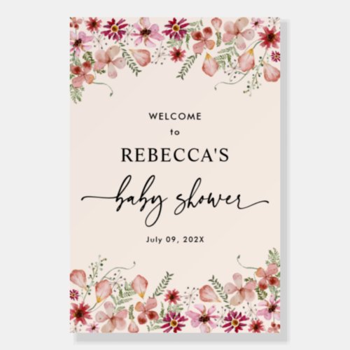 Dusky Pink Flowers Girl Baby Shower Welcome Sign