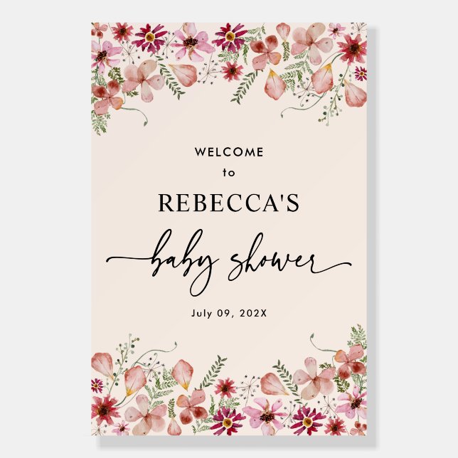 Dusky Pink Flowers Girl Baby Shower Welcome Sign (Front)