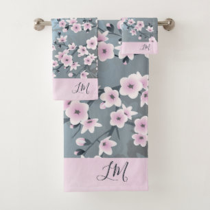 Dusky Pink Grayish Blue Cherry Blossom Floral Bath Bath Towel Set