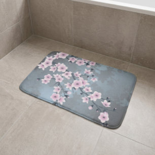 Dusky Pink Grayish Blue Cherry Blossom Floral Bathroom Mat