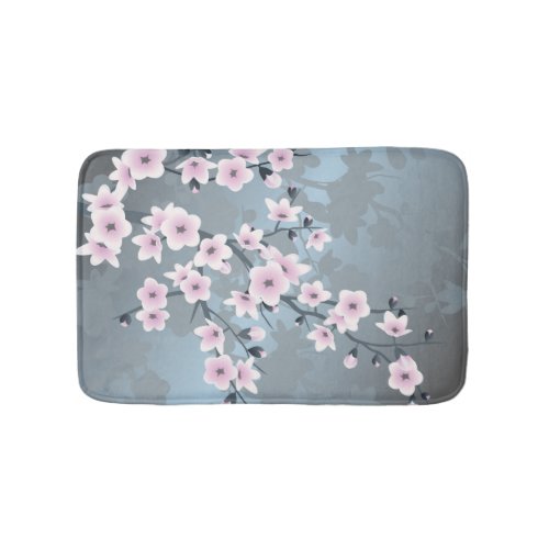 Dusky Pink Grayish Blue Cherry Blossom Floral Bathroom Mat