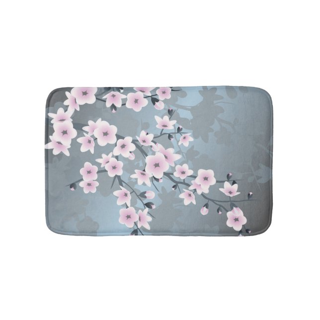 Dusky Pink Grayish Blue Cherry Blossom Floral Bathroom Mat (Front)