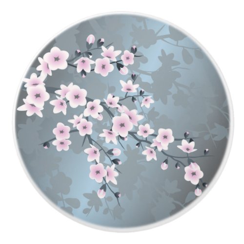 Dusky Pink Grayish Blue Cherry Blossom Floral Ceramic Knob