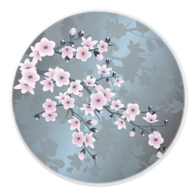 Dusky Pink Grayish Blue Cherry Blossom Floral Ceramic Knob (Front)