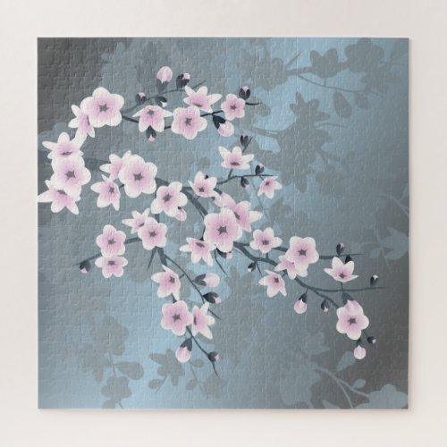 Dusky Pink Grayish Blue Cherry Blossom Floral Jigsaw Puzzle