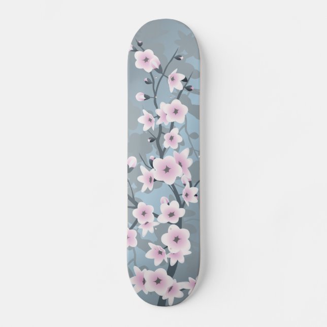 Dusky Pink Grayish Blue Cherry Blossom Floral Skateboard (Front)
