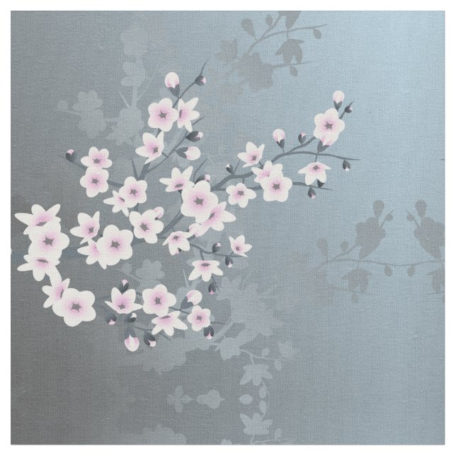 Dusky Pink Grayish Blue Cherry Blossom Pattern Fab Fabric (Close Up)