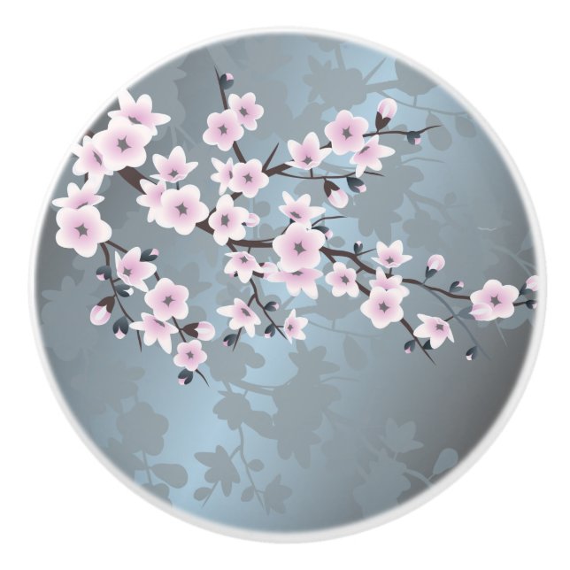Dusky Pink Grayish Blue Cherry Blossoms Floral Ceramic Knob (Front)