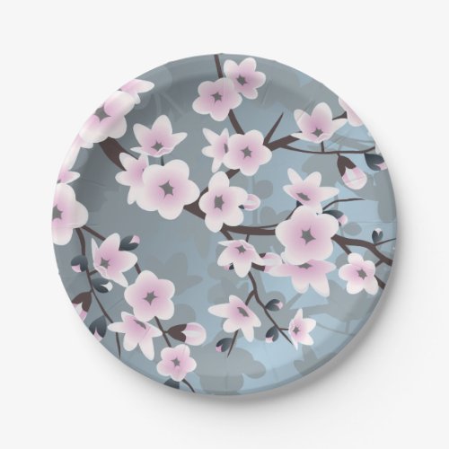 Dusky Pink Grayish Blue Cherry Blossoms Floral Paper Plates