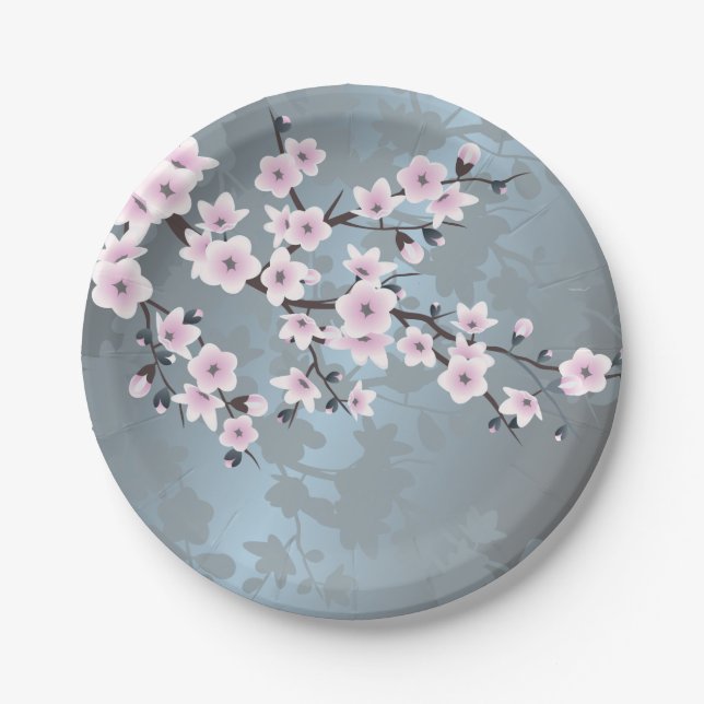 Dusky Pink  Grayish Blue  Cherry Blossoms Floral Paper Plates (Front)