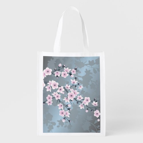 Dusky Pink Grayish Blue Cherry Blossoms Grocery Bag