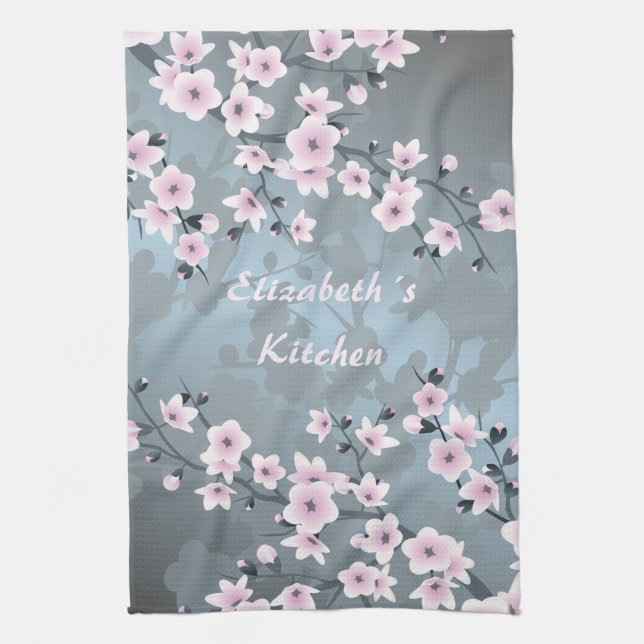 Dusky Pink Grayish Blue Cherry Blossoms Kitchen Towel (Vertical)
