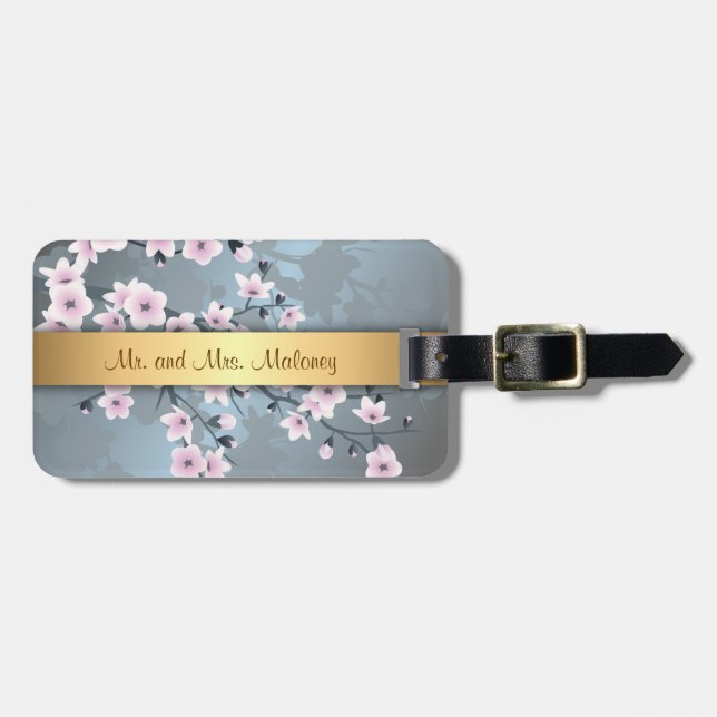 Dusky Pink Grayish Blue Cherry Blossoms Luggage Tag (Front Horizontal)